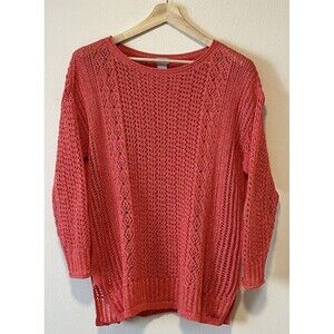 Chicos Open Knit Sweater Size 2 Large Coral Beach Coastal Summer Business Casual